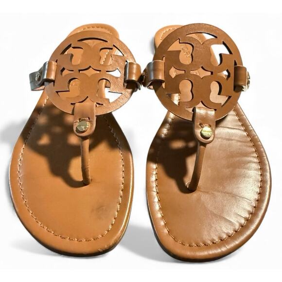 Tory Burch Miller Tan Leather Sandals, Classic Logo Medallion, Women's Size 9 - Picture 1 of 6